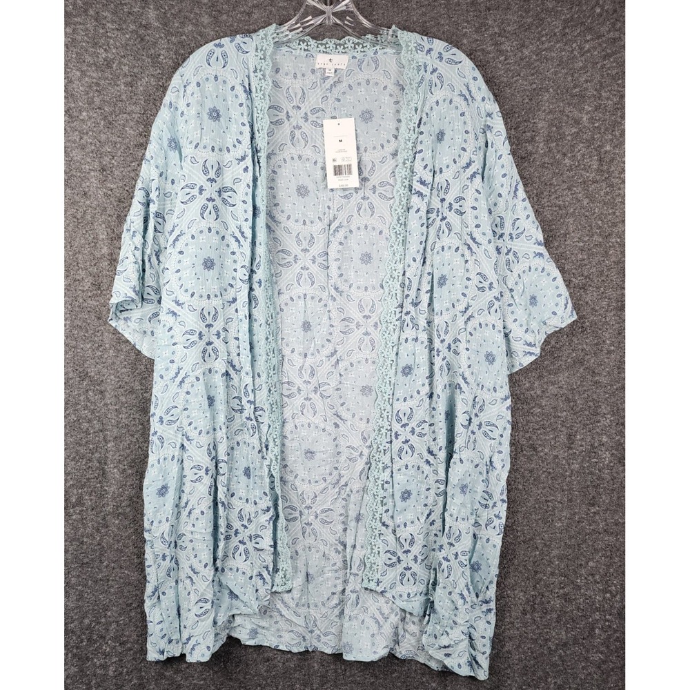 True Craft Kimono Women Medium Blue Haze Paisley Lace Trim Open Front Boho Layer